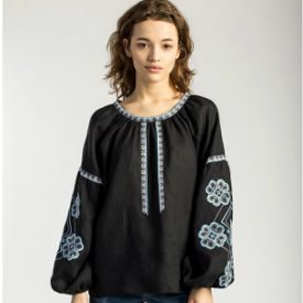 Embroidered shirt in black linen Midnight